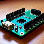**

Open-source hardware concept. Circuit board with visible components (Arduino or Raspberry Pi style). Connection points glowing with IoT symbols (WiFi, Bluetooth). Faint overlay of a global network map in the background. Emphasize collaboration and accessibility.

**