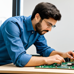 A professional engineer, fully clothed in a modest collared shirt and slacks, intently working on an open-source hardware prototype, featuring a circuit board and wires, at a clean, well-lit workbench in a modern innovation lab. The scene highlights hands-on creation and accessible technology. Perfect anatomy, correct proportions, natural pose, well-formed hands, proper finger count. Professional photography, high quality, safe for work, appropriate content, fully clothed, professional dress.