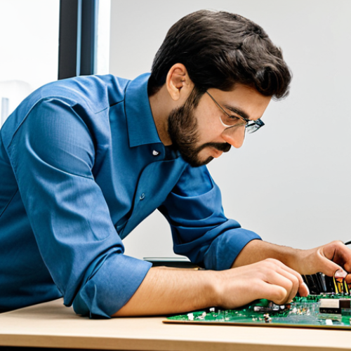 A professional engineer, fully clothed in a modest collared shirt and slacks, intently working on an open-source hardware prototype, featuring a circuit board and wires, at a clean, well-lit workbench in a modern innovation lab. The scene highlights hands-on creation and accessible technology. Perfect anatomy, correct proportions, natural pose, well-formed hands, proper finger count. Professional photography, high quality, safe for work, appropriate content, fully clothed, professional dress.