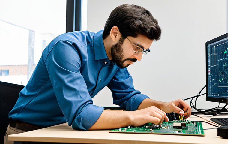 A professional engineer, fully clothed in a modest collared shirt and slacks, intently working on an open-source hardware prototype, featuring a circuit board and wires, at a clean, well-lit workbench in a modern innovation lab. The scene highlights hands-on creation and accessible technology. Perfect anatomy, correct proportions, natural pose, well-formed hands, proper finger count. Professional photography, high quality, safe for work, appropriate content, fully clothed, professional dress.
