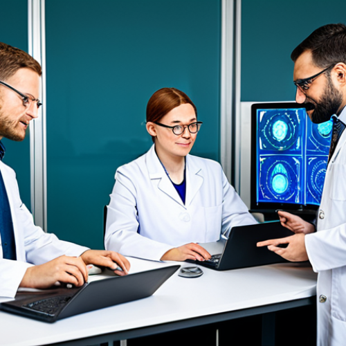 A diverse team of professional engineers and medical researchers, fully clothed in modest lab coats and professional attire, are collaboratively working on open-source medical hardware prototypes in a bright, modern innovation lab. They are gathered around a table with laptops displaying intricate digital schematics, 3D printers actively working, and various small, innovative medical devices like a low-cost diagnostic tool. The atmosphere is one of focused teamwork and global collaboration, with subtle hints of different regions through background elements. The subjects have perfect anatomy, correct proportions, and natural poses with well-formed hands and proper finger count. The image emphasizes technology, innovation, and global accessibility. This is a safe for work, appropriate content, family-friendly, high-quality professional photograph.
