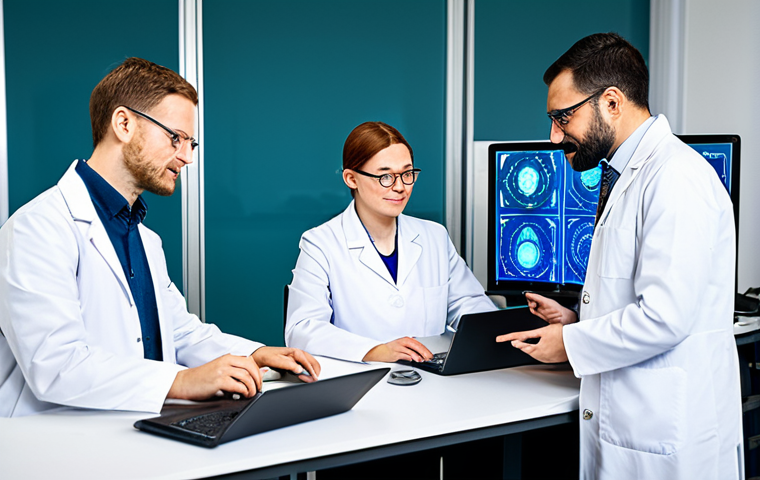 A diverse team of professional engineers and medical researchers, fully clothed in modest lab coats and professional attire, are collaboratively working on open-source medical hardware prototypes in a bright, modern innovation lab. They are gathered around a table with laptops displaying intricate digital schematics, 3D printers actively working, and various small, innovative medical devices like a low-cost diagnostic tool. The atmosphere is one of focused teamwork and global collaboration, with subtle hints of different regions through background elements. The subjects have perfect anatomy, correct proportions, and natural poses with well-formed hands and proper finger count. The image emphasizes technology, innovation, and global accessibility. This is a safe for work, appropriate content, family-friendly, high-quality professional photograph.