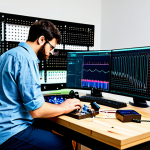 A focused, professional artist-developer, fully clothed in a modest work shirt and long pants, meticulously connecting wires to an Arduino board on a clean, well-lit workbench. Small LED lights glow faintly around the circuit, and a laptop displaying lines of code or a circuit diagram is open nearby. The background reveals a modern, organized creative studio with shelves of electronic components and abstract design sketches. Professional photography, high resolution, realistic, perfect anatomy, correct proportions, well-formed hands, proper finger count, natural body proportions, fully clothed, appropriate attire, professional dress, safe for work, appropriate content, family-friendly.