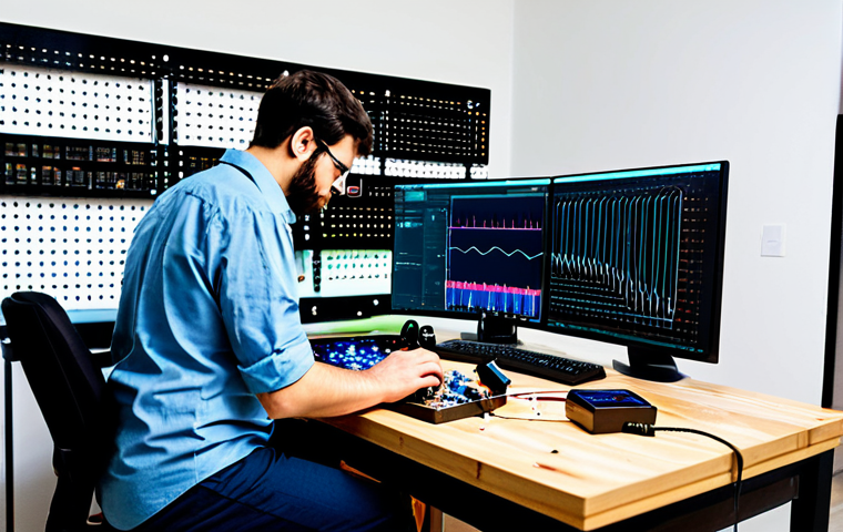 A focused, professional artist-developer, fully clothed in a modest work shirt and long pants, meticulously connecting wires to an Arduino board on a clean, well-lit workbench. Small LED lights glow faintly around the circuit, and a laptop displaying lines of code or a circuit diagram is open nearby. The background reveals a modern, organized creative studio with shelves of electronic components and abstract design sketches. Professional photography, high resolution, realistic, perfect anatomy, correct proportions, well-formed hands, proper finger count, natural body proportions, fully clothed, appropriate attire, professional dress, safe for work, appropriate content, family-friendly.