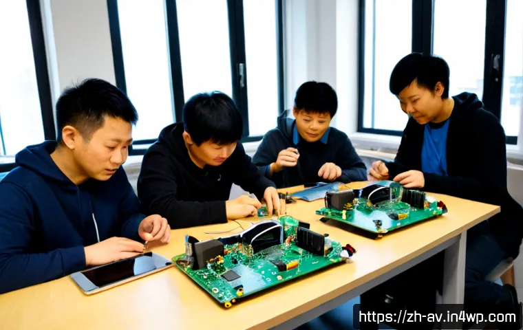 오픈소스 하드웨어의 시장 동향 - Photorealistic open-source hardware workshop, diverse engineers assembling modular circuit boards, s...