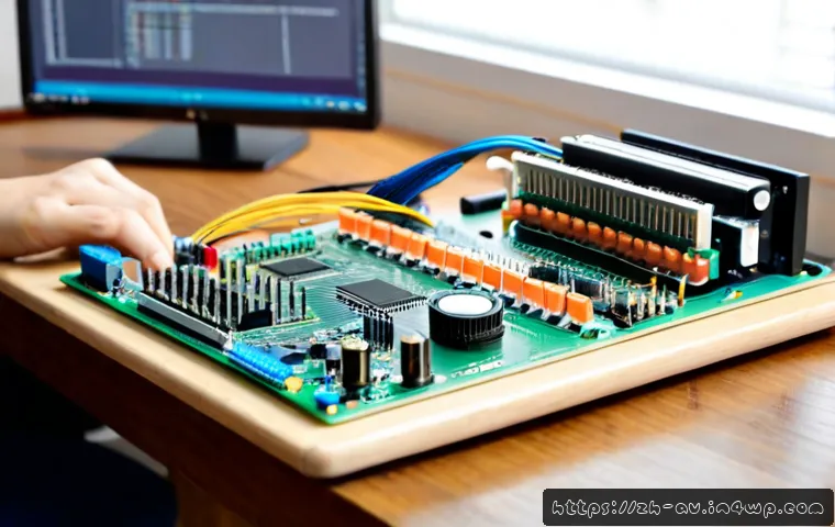 오픈소스 하드웨어의 혁신을 위한 기초 지식 - Photorealistic close-up of an open-source hardware learning workspace, a neatly arranged single-boar...